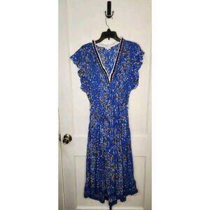 Poupette St Barth Blue Floral V-Neck Ruffled Midi Dress